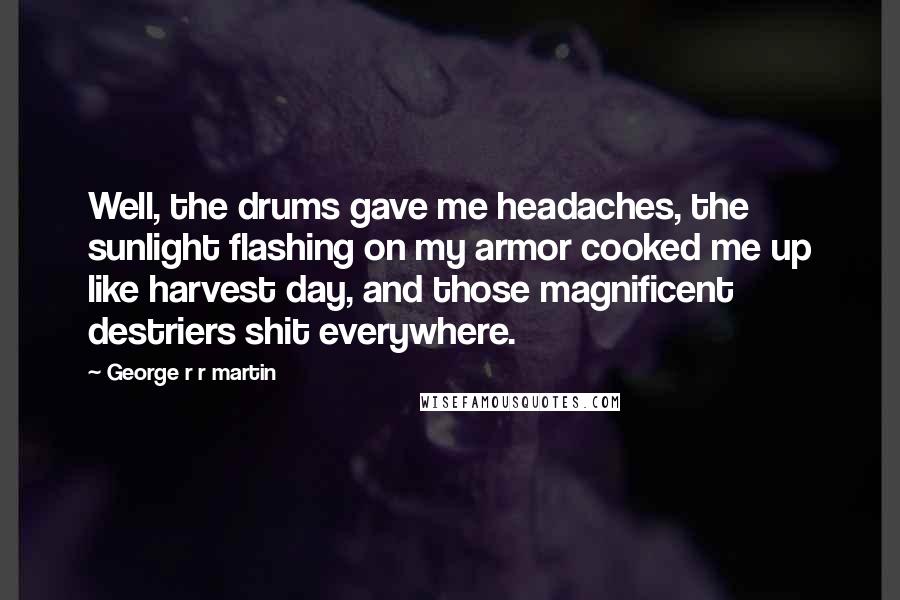 George R R Martin Quotes: Well, the drums gave me headaches, the sunlight flashing on my armor cooked me up like harvest day, and those magnificent destriers shit everywhere.