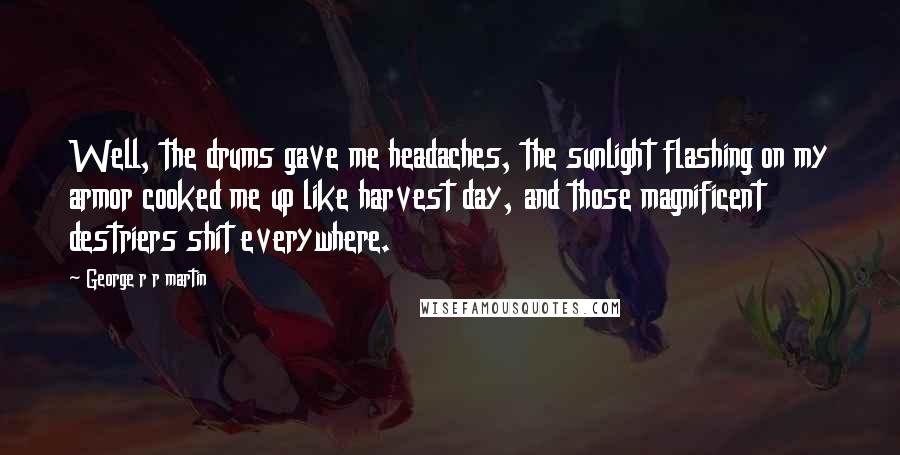 George R R Martin Quotes: Well, the drums gave me headaches, the sunlight flashing on my armor cooked me up like harvest day, and those magnificent destriers shit everywhere.
