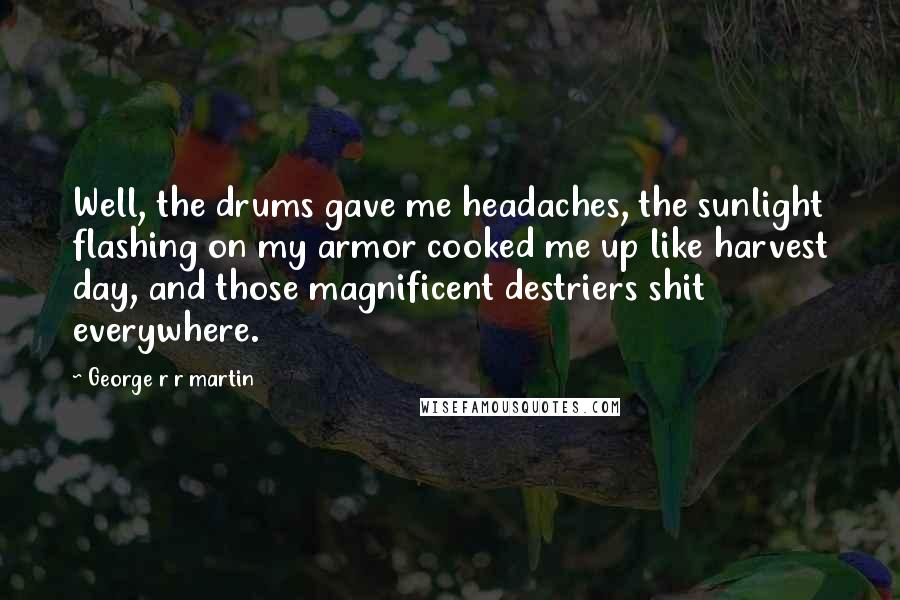George R R Martin Quotes: Well, the drums gave me headaches, the sunlight flashing on my armor cooked me up like harvest day, and those magnificent destriers shit everywhere.