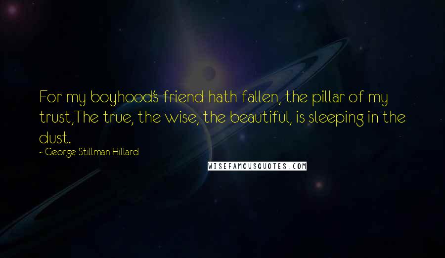 George Stillman Hillard Quotes: For my boyhood's friend hath fallen, the pillar of my trust,The true, the wise, the beautiful, is sleeping in the dust.