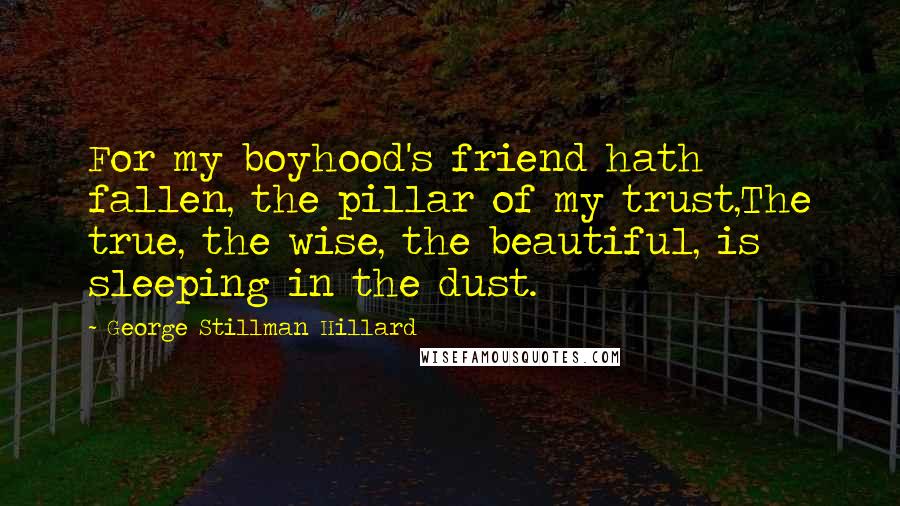 George Stillman Hillard Quotes: For my boyhood's friend hath fallen, the pillar of my trust,The true, the wise, the beautiful, is sleeping in the dust.