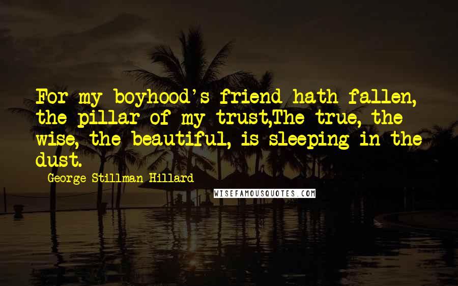 George Stillman Hillard Quotes: For my boyhood's friend hath fallen, the pillar of my trust,The true, the wise, the beautiful, is sleeping in the dust.