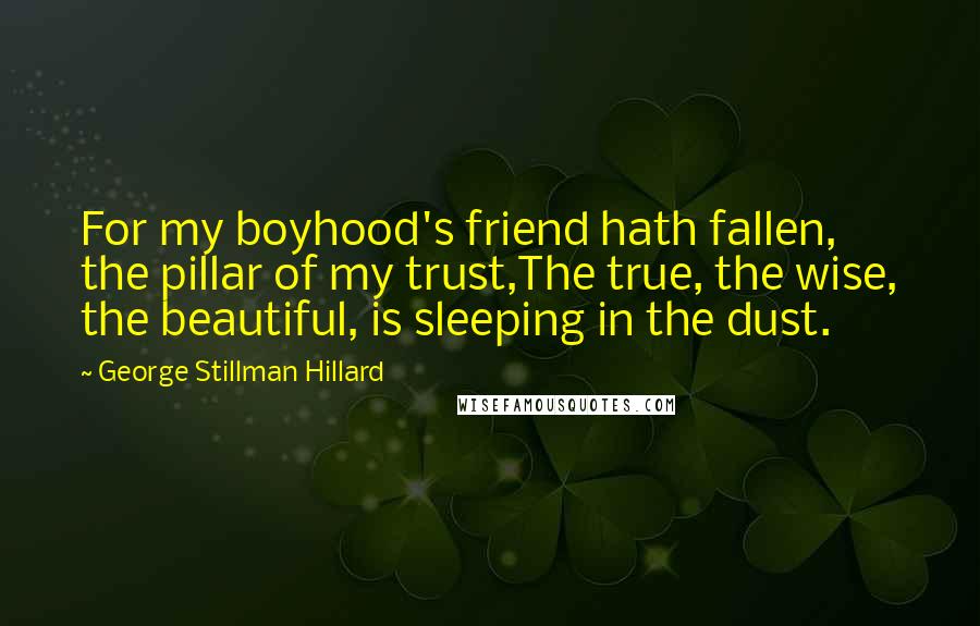 George Stillman Hillard Quotes: For my boyhood's friend hath fallen, the pillar of my trust,The true, the wise, the beautiful, is sleeping in the dust.