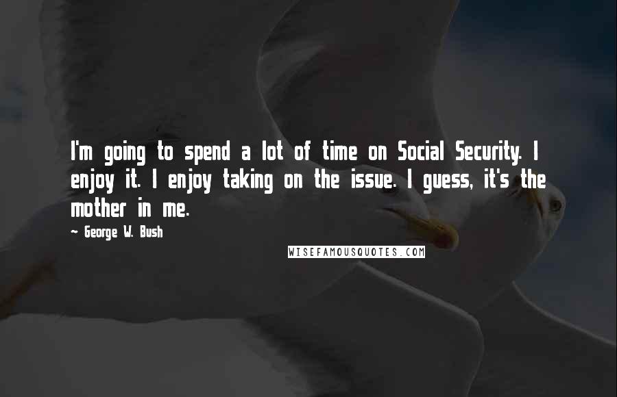 George W. Bush Quotes: I'm going to spend a lot of time on Social Security. I enjoy it. I enjoy taking on the issue. I guess, it's the mother in me.