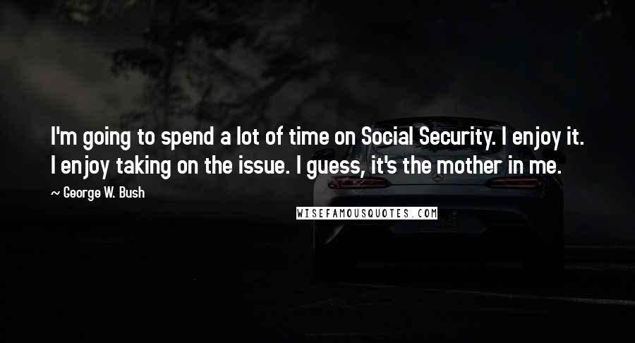 George W. Bush Quotes: I'm going to spend a lot of time on Social Security. I enjoy it. I enjoy taking on the issue. I guess, it's the mother in me.