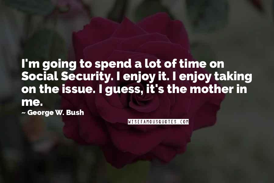 George W. Bush Quotes: I'm going to spend a lot of time on Social Security. I enjoy it. I enjoy taking on the issue. I guess, it's the mother in me.