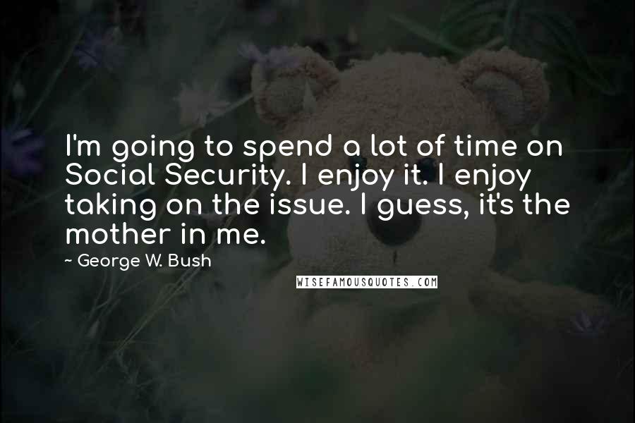 George W. Bush Quotes: I'm going to spend a lot of time on Social Security. I enjoy it. I enjoy taking on the issue. I guess, it's the mother in me.