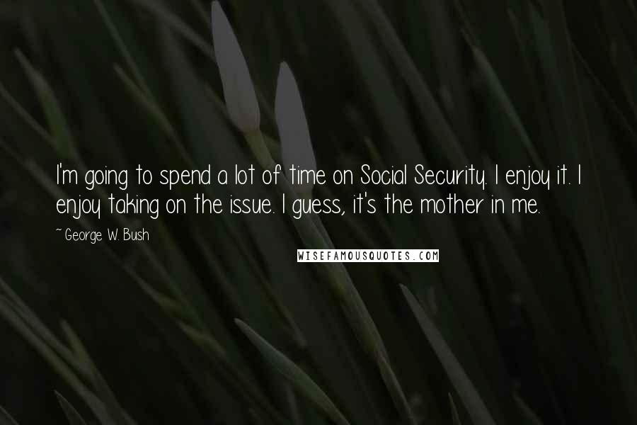 George W. Bush Quotes: I'm going to spend a lot of time on Social Security. I enjoy it. I enjoy taking on the issue. I guess, it's the mother in me.