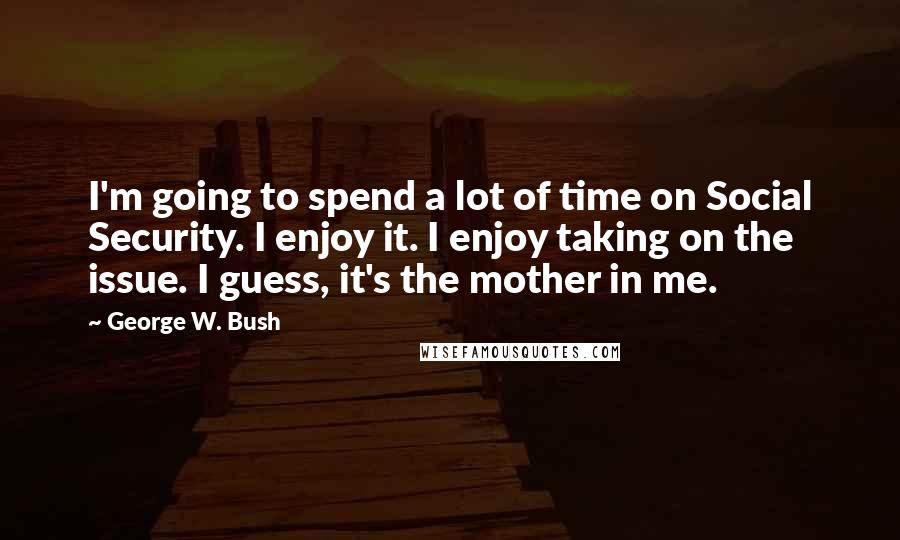 George W. Bush Quotes: I'm going to spend a lot of time on Social Security. I enjoy it. I enjoy taking on the issue. I guess, it's the mother in me.