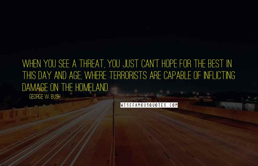 George W. Bush Quotes: When you see a threat, you just can't hope for the best in this day and age, where terrorists are capable of inflicting damage on the homeland.