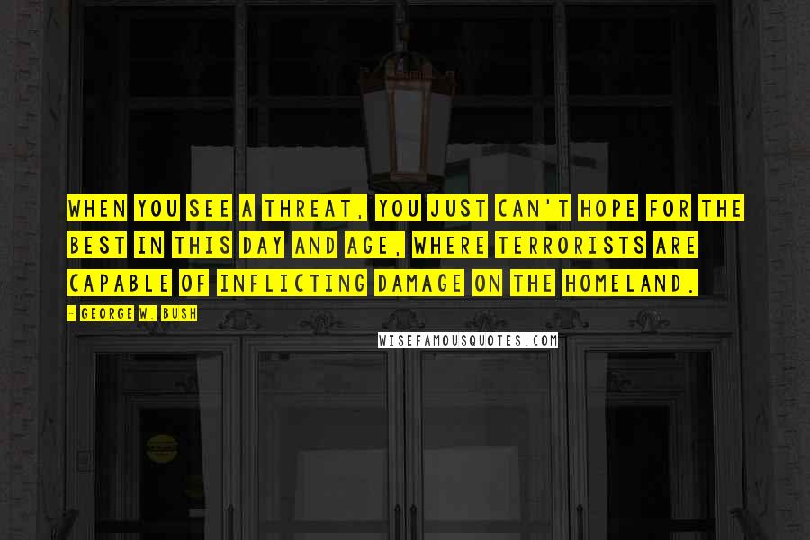 George W. Bush Quotes: When you see a threat, you just can't hope for the best in this day and age, where terrorists are capable of inflicting damage on the homeland.