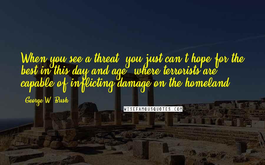 George W. Bush Quotes: When you see a threat, you just can't hope for the best in this day and age, where terrorists are capable of inflicting damage on the homeland.