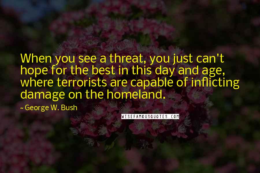 George W. Bush Quotes: When you see a threat, you just can't hope for the best in this day and age, where terrorists are capable of inflicting damage on the homeland.