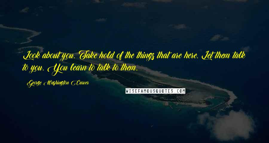 George Washington Carver Quotes: Look about you. Take hold of the things that are here. Let them talk to you. You learn to talk to them.