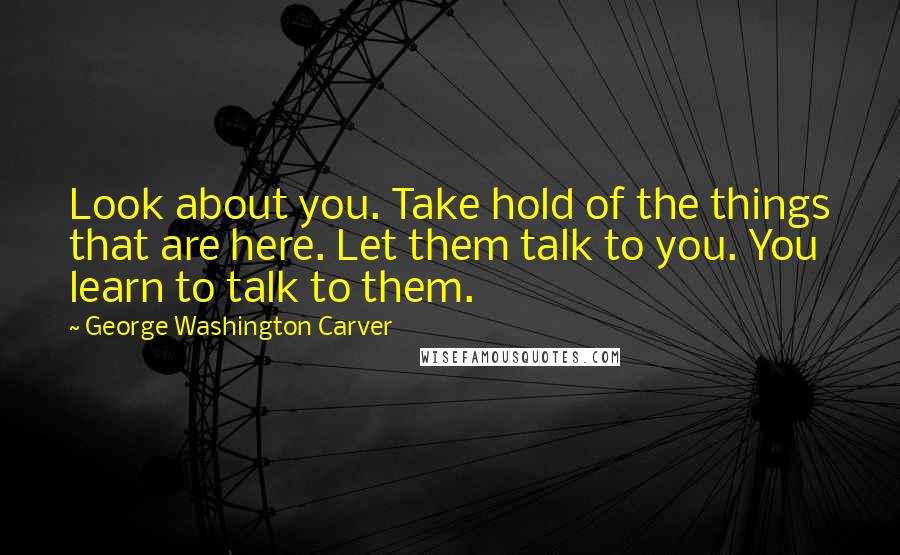 George Washington Carver Quotes: Look about you. Take hold of the things that are here. Let them talk to you. You learn to talk to them.
