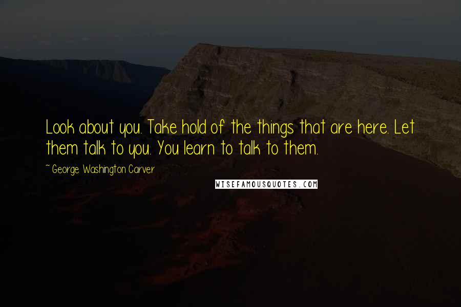 George Washington Carver Quotes: Look about you. Take hold of the things that are here. Let them talk to you. You learn to talk to them.