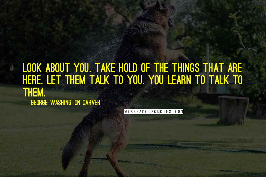 George Washington Carver Quotes: Look about you. Take hold of the things that are here. Let them talk to you. You learn to talk to them.