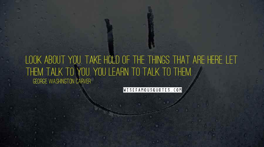 George Washington Carver Quotes: Look about you. Take hold of the things that are here. Let them talk to you. You learn to talk to them.