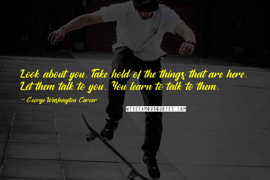George Washington Carver Quotes: Look about you. Take hold of the things that are here. Let them talk to you. You learn to talk to them.