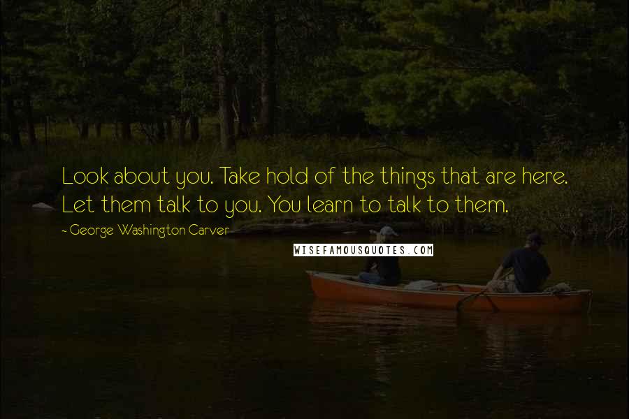 George Washington Carver Quotes: Look about you. Take hold of the things that are here. Let them talk to you. You learn to talk to them.