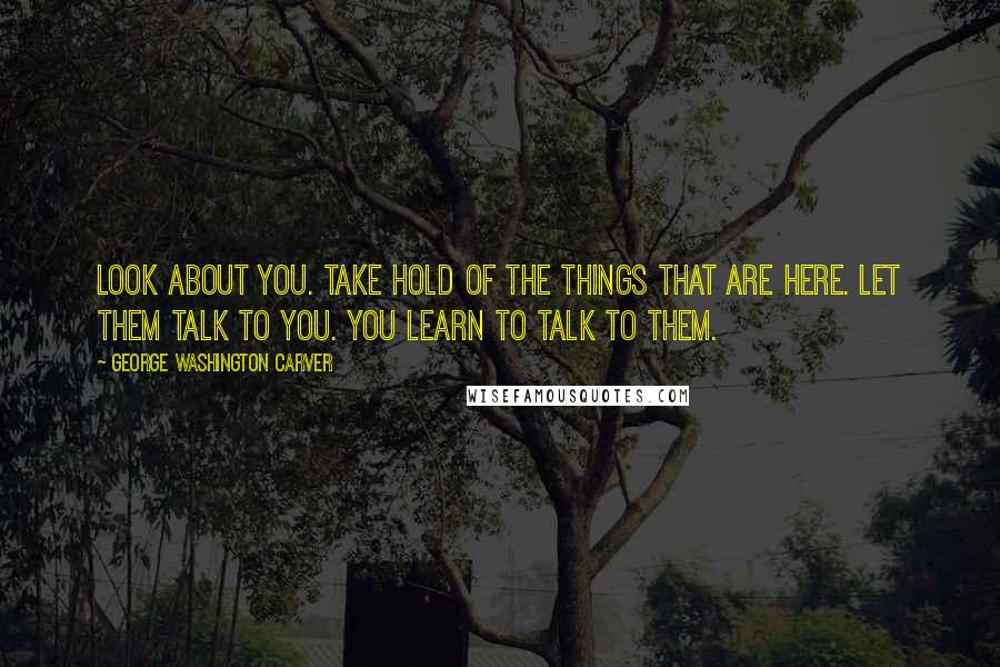 George Washington Carver Quotes: Look about you. Take hold of the things that are here. Let them talk to you. You learn to talk to them.