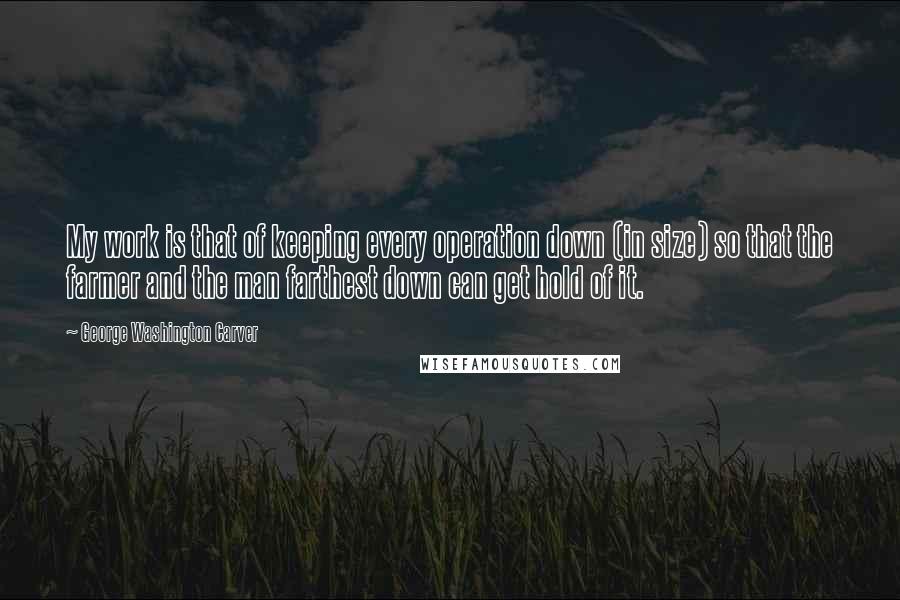 George Washington Carver Quotes: My work is that of keeping every operation down (in size) so that the farmer and the man farthest down can get hold of it.