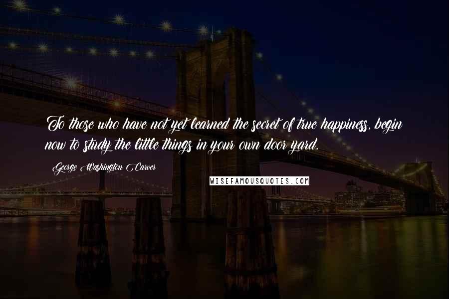 George Washington Carver Quotes: To those who have not yet learned the secret of true happiness, begin now to study the little things in your own door yard.