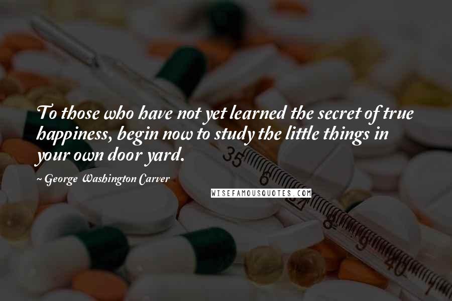 George Washington Carver Quotes: To those who have not yet learned the secret of true happiness, begin now to study the little things in your own door yard.