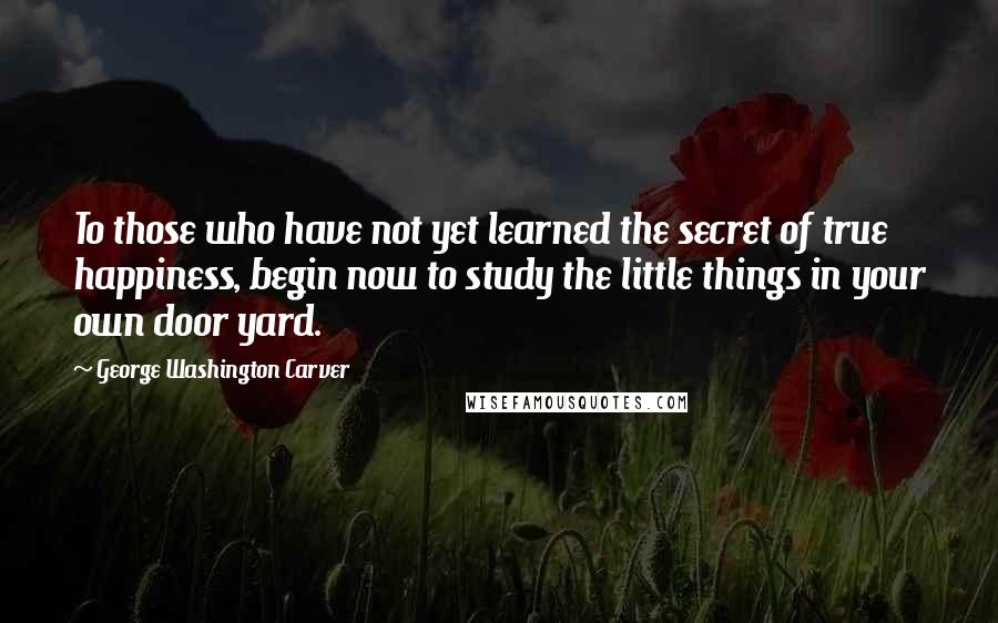 George Washington Carver Quotes: To those who have not yet learned the secret of true happiness, begin now to study the little things in your own door yard.