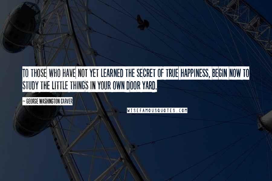 George Washington Carver Quotes: To those who have not yet learned the secret of true happiness, begin now to study the little things in your own door yard.