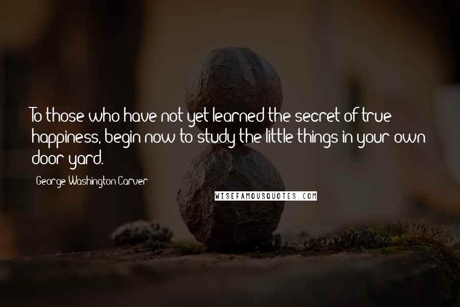 George Washington Carver Quotes: To those who have not yet learned the secret of true happiness, begin now to study the little things in your own door yard.