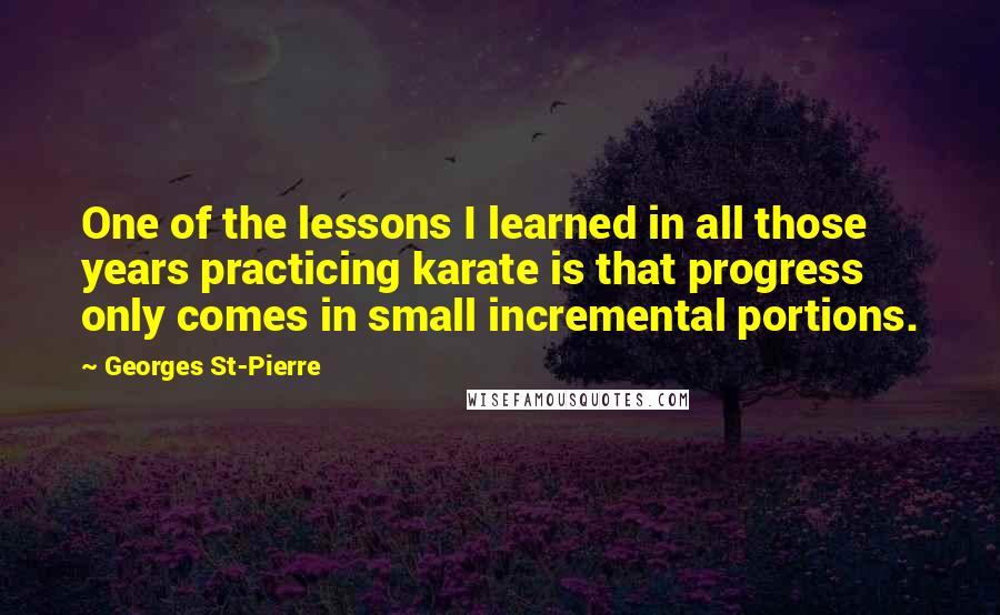 Georges St-Pierre Quotes: One of the lessons I learned in all those years practicing karate is that progress only comes in small incremental portions.