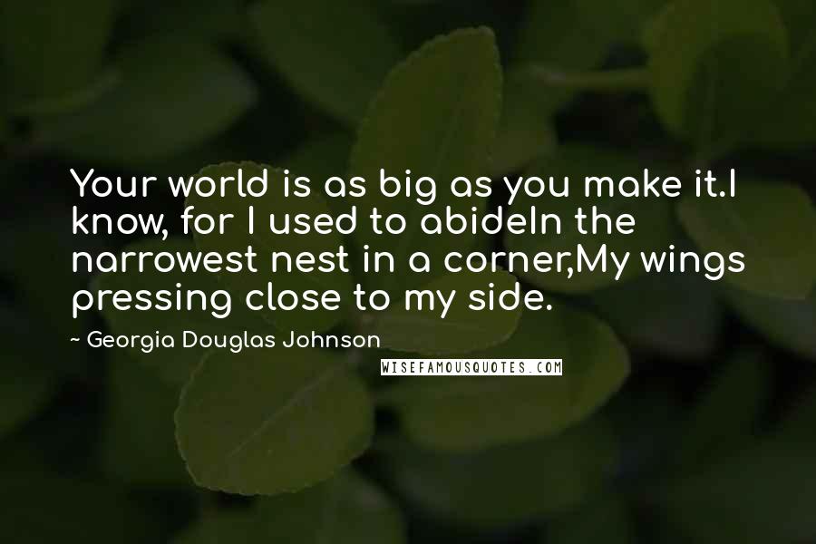 Georgia Douglas Johnson Quotes: Your world is as big as you make it.I know, for I used to abideIn the narrowest nest in a corner,My wings pressing close to my side.