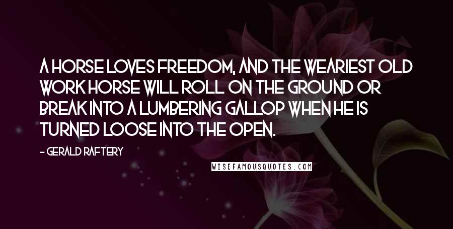 Gerald Raftery Quotes: A horse loves freedom, and the weariest old work horse will roll on the ground or break into a lumbering gallop when he is turned loose into the open.