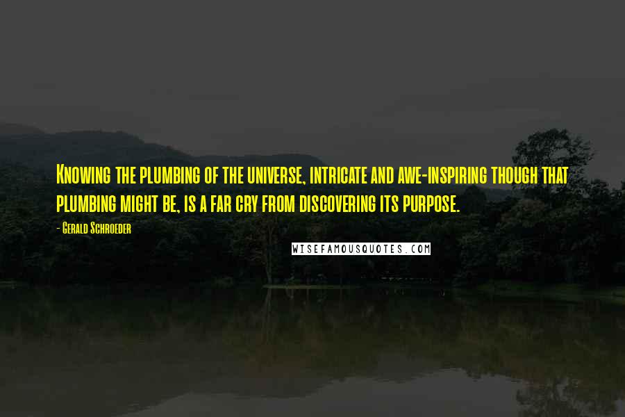 Gerald Schroeder Quotes: Knowing the plumbing of the universe, intricate and awe-inspiring though that plumbing might be, is a far cry from discovering its purpose.
