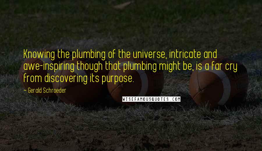 Gerald Schroeder Quotes: Knowing the plumbing of the universe, intricate and awe-inspiring though that plumbing might be, is a far cry from discovering its purpose.