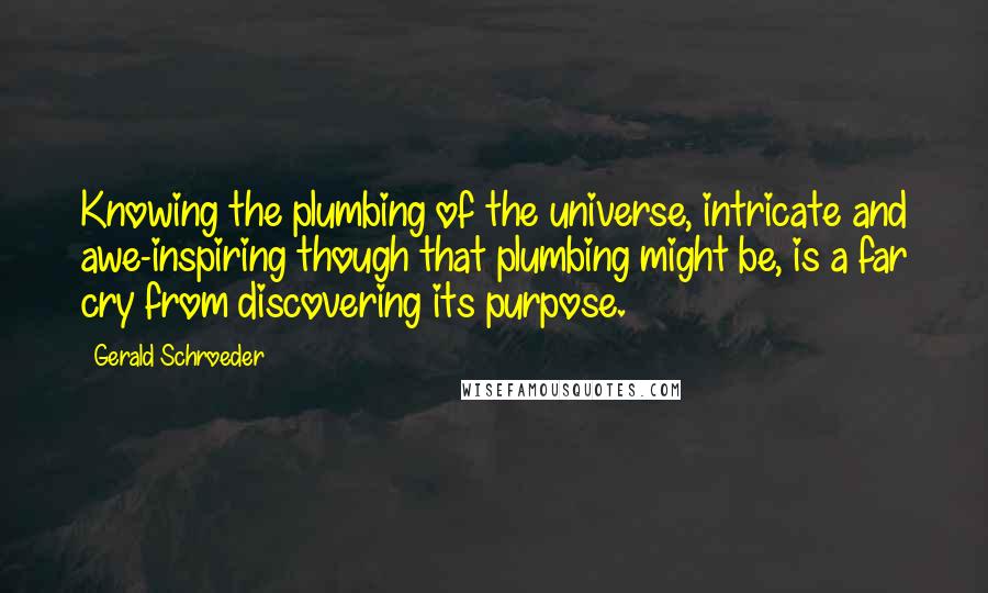 Gerald Schroeder Quotes: Knowing the plumbing of the universe, intricate and awe-inspiring though that plumbing might be, is a far cry from discovering its purpose.