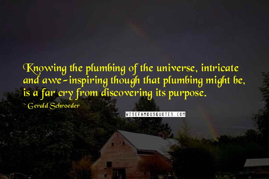 Gerald Schroeder Quotes: Knowing the plumbing of the universe, intricate and awe-inspiring though that plumbing might be, is a far cry from discovering its purpose.