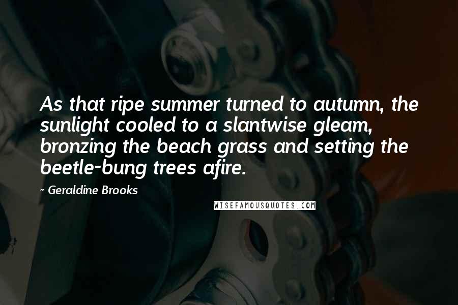 Geraldine Brooks Quotes: As that ripe summer turned to autumn, the sunlight cooled to a slantwise gleam, bronzing the beach grass and setting the beetle-bung trees afire.