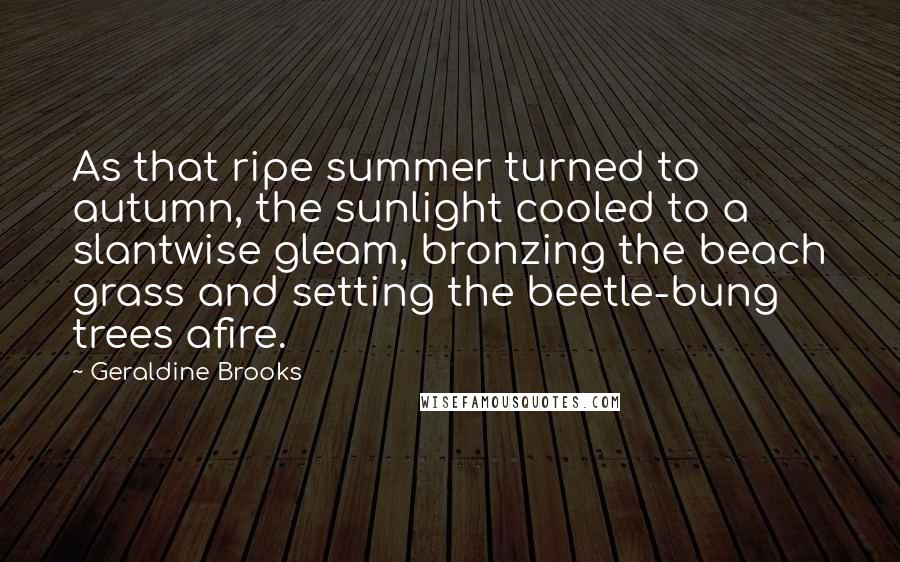 Geraldine Brooks Quotes: As that ripe summer turned to autumn, the sunlight cooled to a slantwise gleam, bronzing the beach grass and setting the beetle-bung trees afire.