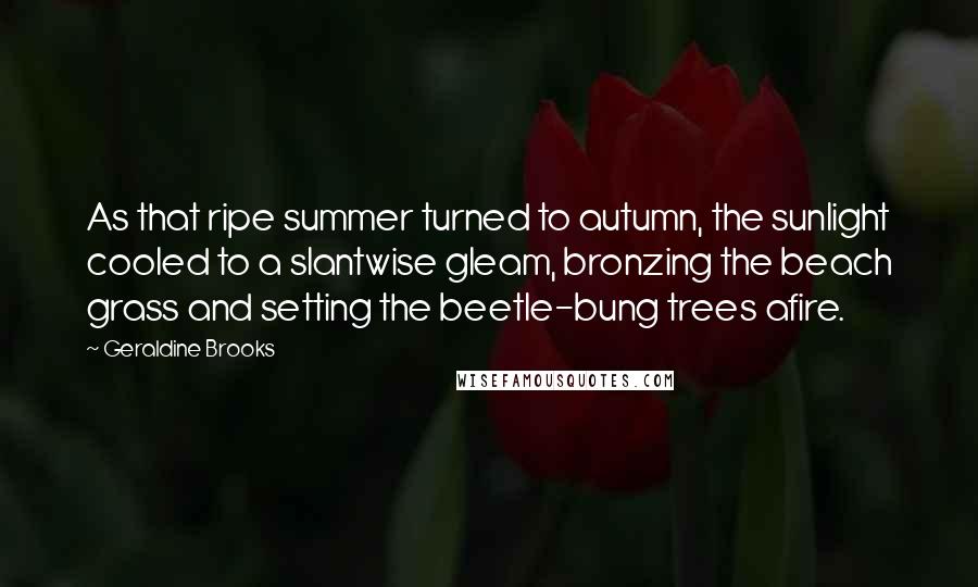 Geraldine Brooks Quotes: As that ripe summer turned to autumn, the sunlight cooled to a slantwise gleam, bronzing the beach grass and setting the beetle-bung trees afire.