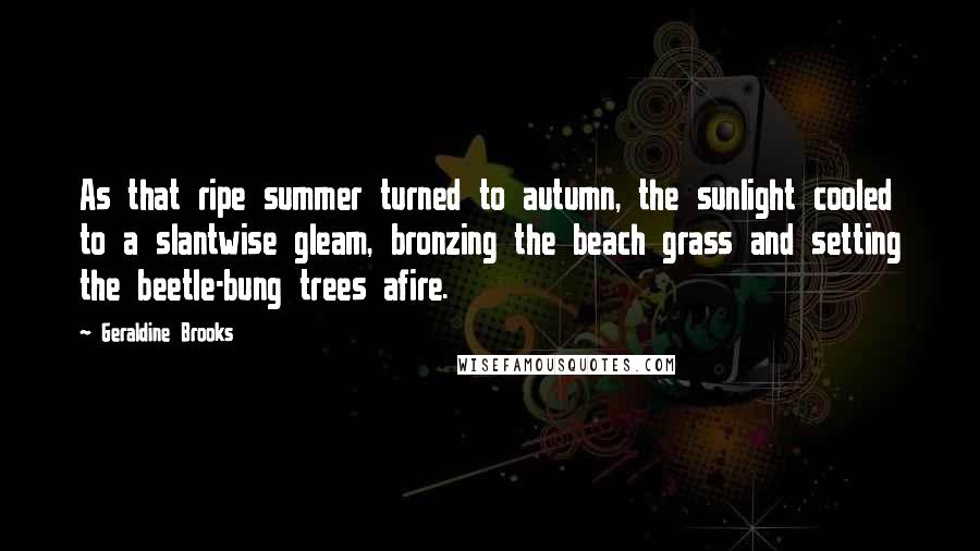 Geraldine Brooks Quotes: As that ripe summer turned to autumn, the sunlight cooled to a slantwise gleam, bronzing the beach grass and setting the beetle-bung trees afire.