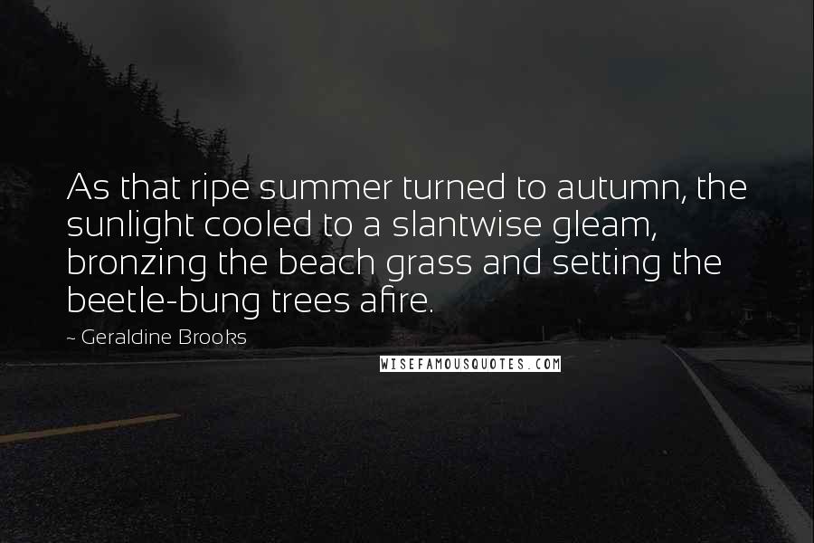 Geraldine Brooks Quotes: As that ripe summer turned to autumn, the sunlight cooled to a slantwise gleam, bronzing the beach grass and setting the beetle-bung trees afire.