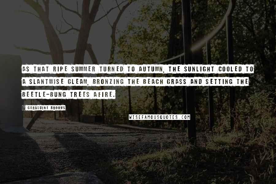 Geraldine Brooks Quotes: As that ripe summer turned to autumn, the sunlight cooled to a slantwise gleam, bronzing the beach grass and setting the beetle-bung trees afire.