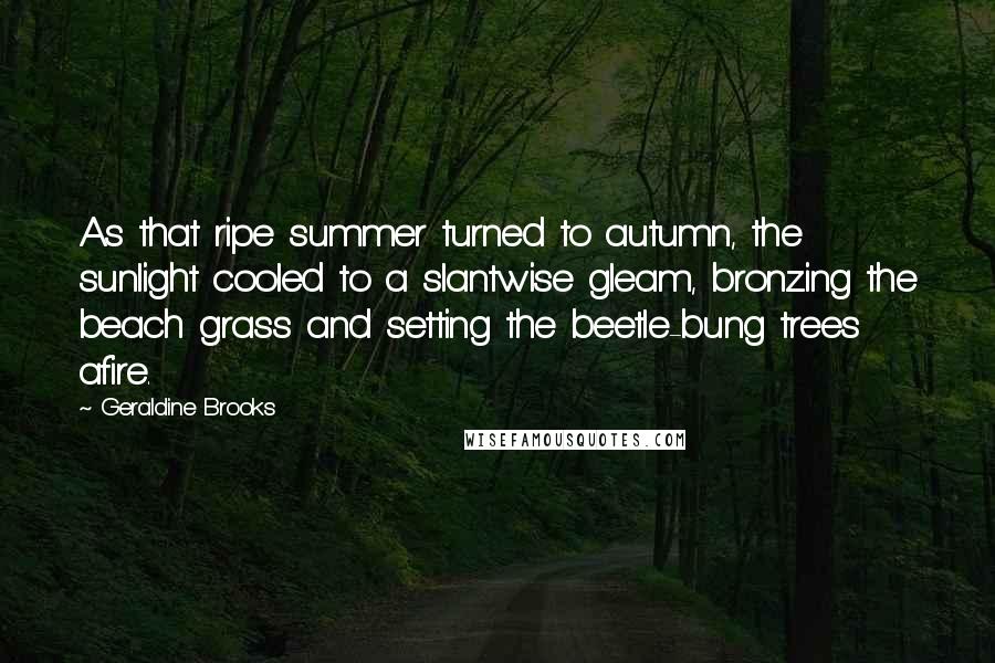 Geraldine Brooks Quotes: As that ripe summer turned to autumn, the sunlight cooled to a slantwise gleam, bronzing the beach grass and setting the beetle-bung trees afire.
