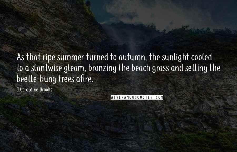 Geraldine Brooks Quotes: As that ripe summer turned to autumn, the sunlight cooled to a slantwise gleam, bronzing the beach grass and setting the beetle-bung trees afire.