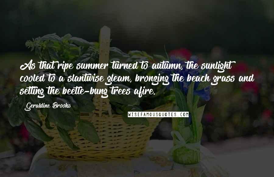 Geraldine Brooks Quotes: As that ripe summer turned to autumn, the sunlight cooled to a slantwise gleam, bronzing the beach grass and setting the beetle-bung trees afire.