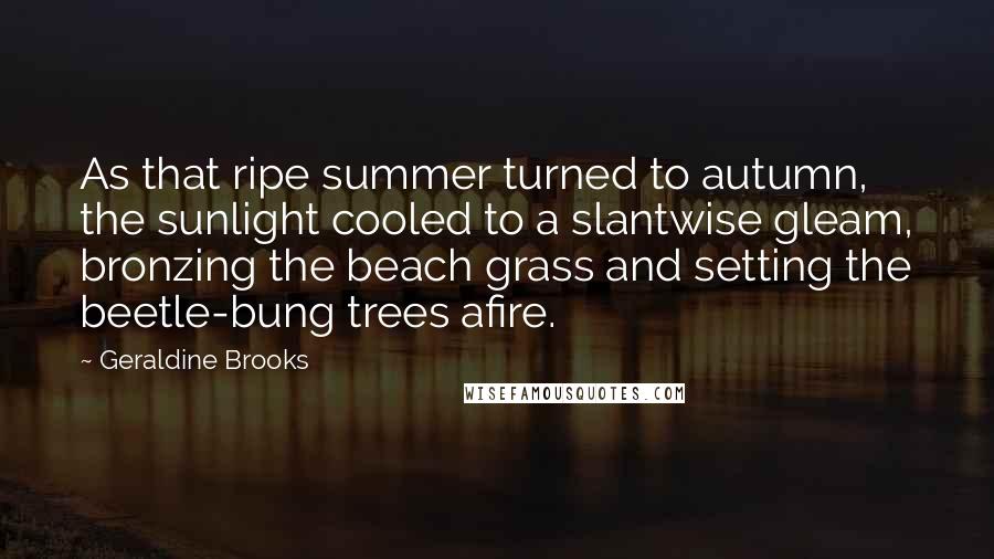 Geraldine Brooks Quotes: As that ripe summer turned to autumn, the sunlight cooled to a slantwise gleam, bronzing the beach grass and setting the beetle-bung trees afire.