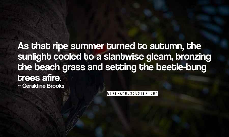 Geraldine Brooks Quotes: As that ripe summer turned to autumn, the sunlight cooled to a slantwise gleam, bronzing the beach grass and setting the beetle-bung trees afire.