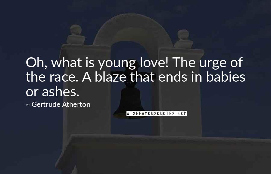 Gertrude Atherton Quotes: Oh, what is young love! The urge of the race. A blaze that ends in babies or ashes.